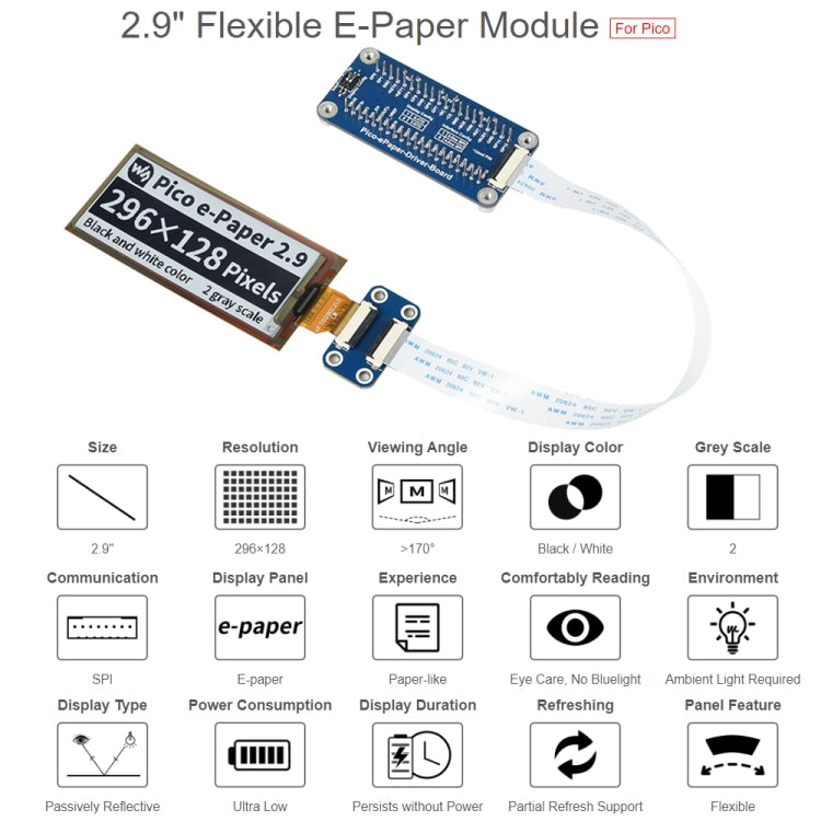 Waveshare 2.9 inch 296 x 128 Pixel Black / White Flexible E-Paper E-Ink Display Module for Raspberry Pi Pico, SPI Interface - Modules Expansions Accessories by WAVESHARE | Online Shopping UK | buy2fix