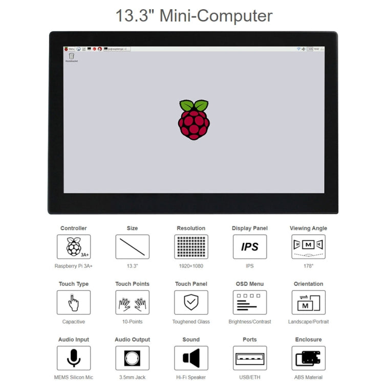 Waveshare 13.3 inch Mini-Computer Powered by Raspberry Pi 3A+, HD Touch Screen(US Plug) - Consumer Electronics by WAVESHARE | Online Shopping UK | buy2fix