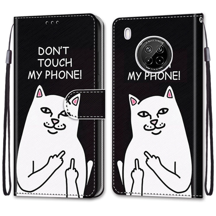 For Huawei Y9a Coloured Drawing Cross Texture Horizontal Flip PU Leather Case with Holder & Card Slots & Wallet & Lanyard(Middle Finger White Cat) - Huawei Cases by buy2fix | Online Shopping UK | buy2fix