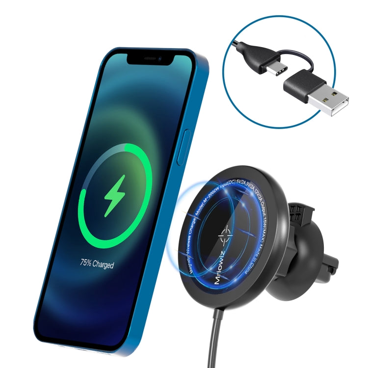 Mriowiz M-2002W 15W 360-degree Rotating MagSafe Magnetic Car Wireless Charger for iPhone 12 Series, with USB + USB-C / Type-C Data Cable, Cable Length: 1m - In Car by buy2fix | Online Shopping UK | buy2fix