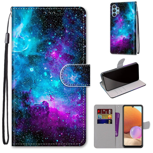 For Samsung Galaxy A32 4G / A32 Lite Coloured Drawing Cross Texture Horizontal Flip PU Leather Case with Holder & Card Slots & Wallet & Lanyard(Purple Green Starry Sky) - Samsung Accessories by buy2fix | Online Shopping UK | buy2fix