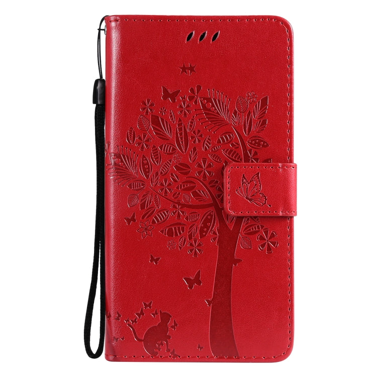 For OnePlus 9 Pro Tree & Cat Pattern Pressed Printing Horizontal Flip PU Leather Case with Holder & Card Slots & Wallet & Lanyard(Red) - OnePlus Cases by buy2fix | Online Shopping UK | buy2fix