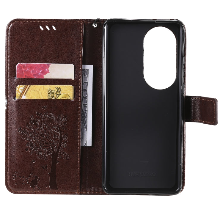 For Huawei P50 Pro Tree & Cat Pattern Pressed Printing Horizontal Flip PU Leather Case with Holder & Card Slots & Wallet & Lanyard(Coffee) - Huawei Cases by buy2fix | Online Shopping UK | buy2fix