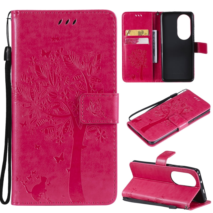 For Huawei P50 Pro Tree & Cat Pattern Pressed Printing Horizontal Flip PU Leather Case with Holder & Card Slots & Wallet & Lanyard(Rose Red) - Huawei Cases by buy2fix | Online Shopping UK | buy2fix