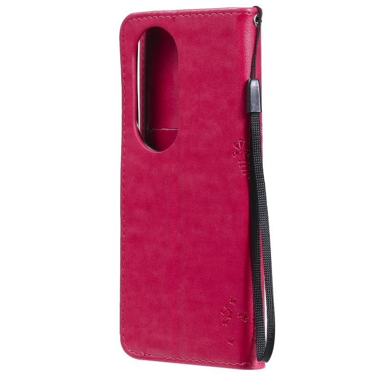 For Huawei P50 Pro Tree & Cat Pattern Pressed Printing Horizontal Flip PU Leather Case with Holder & Card Slots & Wallet & Lanyard(Rose Red) - Huawei Cases by buy2fix | Online Shopping UK | buy2fix