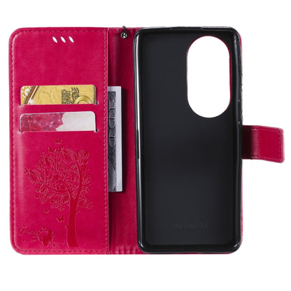 For Huawei P50 Pro Tree & Cat Pattern Pressed Printing Horizontal Flip PU Leather Case with Holder & Card Slots & Wallet & Lanyard(Rose Red) - Huawei Cases by buy2fix | Online Shopping UK | buy2fix