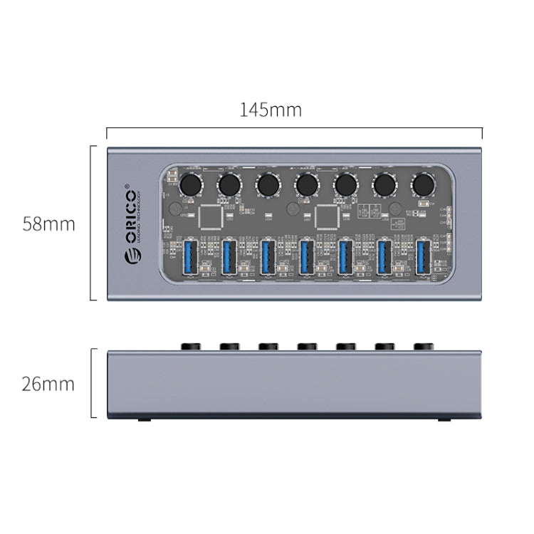 ORICO AT2U3-7AB-GY-BP 7 In 1 Aluminum Alloy Multi-Port USB HUB with Individual Switches, AU Plug - USB 3.0 HUB by ORICO | Online Shopping UK | buy2fix