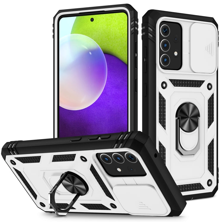 For Samsung Galaxy A52 Sliding Camera Cover Design TPU + PC Protective Case with 360 Degree Rotating Holder & Card Slot(White+Black) - Samsung Accessories by buy2fix | Online Shopping UK | buy2fix