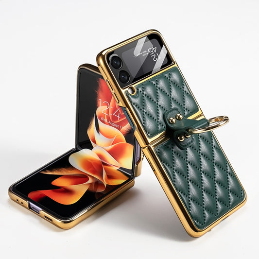 For Samsung Galaxy Z Flip3 5G GKK Integrated Plating + Leather Phone Case with Ring(Dark Green) - Galaxy Phone Cases by GKK | Online Shopping UK | buy2fix