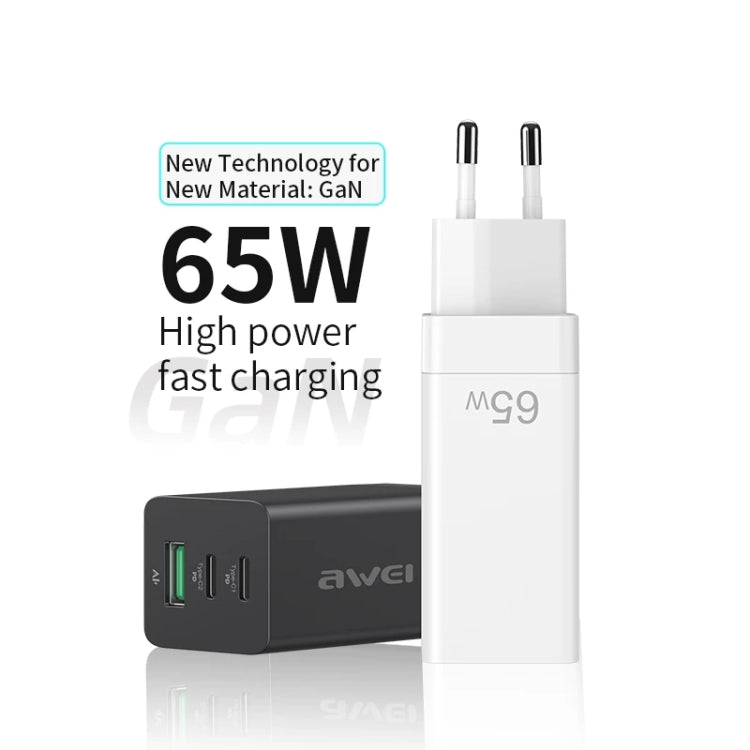 awei PD9 65W Dual Type-C / USB-C + USB GaN Fast Charging Travel Charger, EU Plug(White) - Apple Accessories by awei | Online Shopping UK | buy2fix