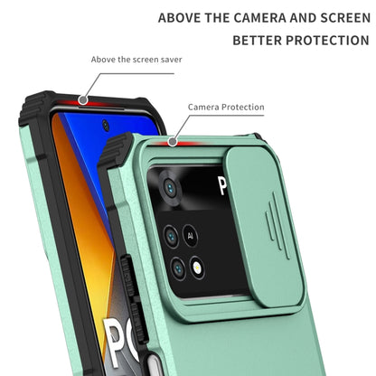 For Xiaomi Poco M4 Pro 4G Stereoscopic Holder Sliding Camshield Phone Case(Light Blue) - Xiaomi Cases by buy2fix | Online Shopping UK | buy2fix