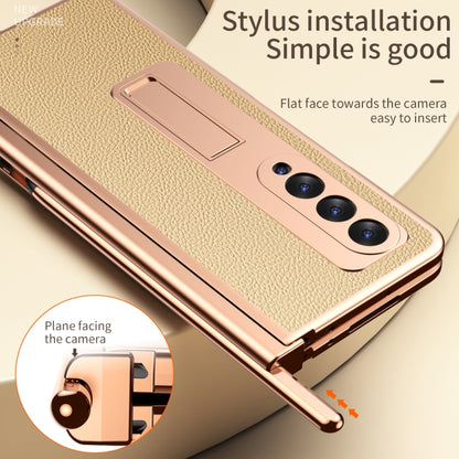 For Samsung Galaxy Z Fold3 5G Litchi Texture Leather Hinged Electroplated Phone Case with S Pen Fold Edition & Protective Film(Gold) - Galaxy Phone Cases by buy2fix | Online Shopping UK | buy2fix