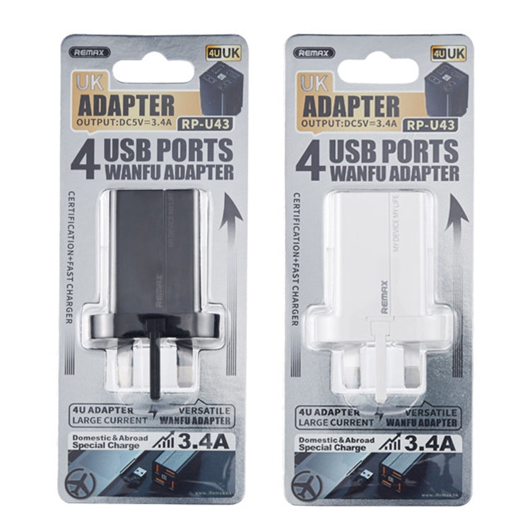 REMAX RP-U43 3.4A 4 USB Port Fast Charger, Specification:UK Plug(White) - Mobile Accessories by REMAX | Online Shopping UK | buy2fix