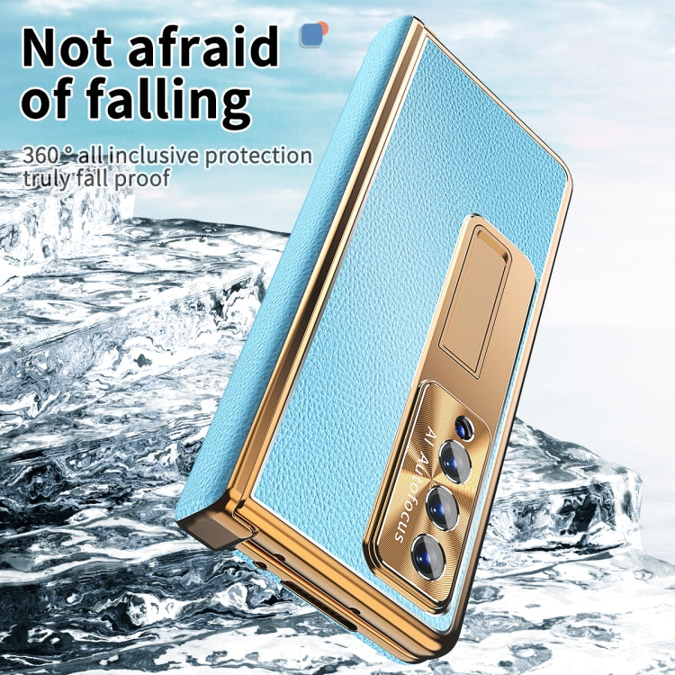 For Samsung Galaxy Z Fold3 5G Litchi Pattern Magnetic Shell Film Integrated Shockproof Phone Case(Blue Gold) - Galaxy Phone Cases by buy2fix | Online Shopping UK | buy2fix