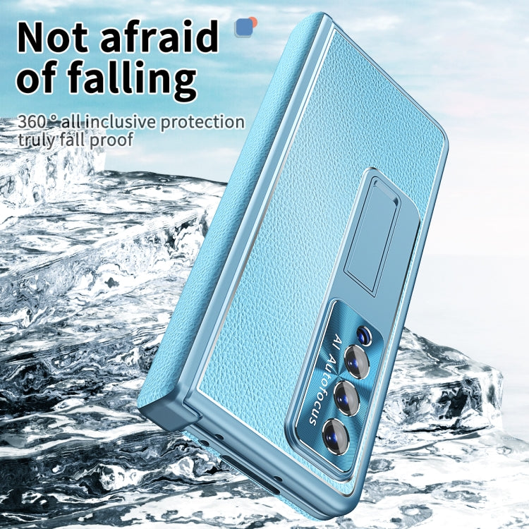 For Samsung Galaxy Z Fold3 5G Litchi Pattern Magnetic Shell Film Integrated Shockproof Phone Case(Far Peak Blue) - Galaxy Phone Cases by buy2fix | Online Shopping UK | buy2fix