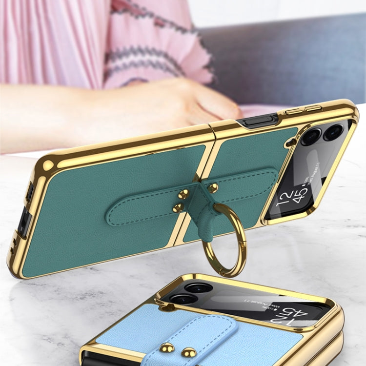 For Samsung Galaxy Z Flip4 GKK Plating + Leather Phone Case with Ring & Strap(Blue) - Galaxy Z Flip4 5G Cases by GKK | Online Shopping UK | buy2fix
