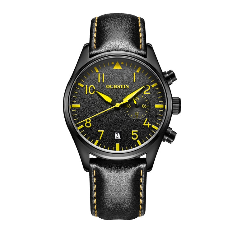 Ochstin 5043C Multifunctional Business Waterproof Leather Strap Quartz Watch(Black+Black+Yellow) - Leather Strap Watches by OCHSTIN | Online Shopping UK | buy2fix