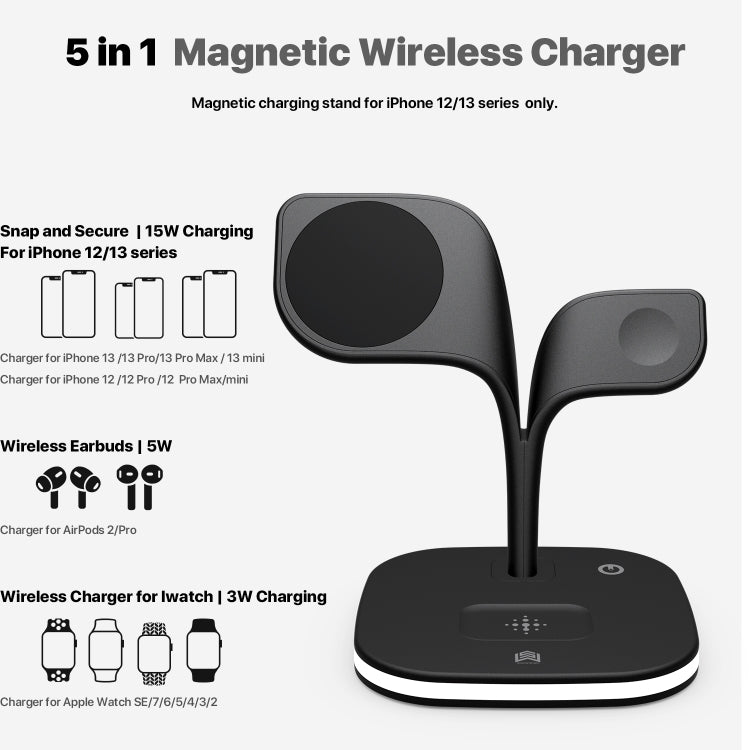 SoulBytes YM-UD22 15W 5 in 1 Magnetic Wireless Charger with Stand Function(Black) - Apple Accessories by Soulbytes | Online Shopping UK | buy2fix