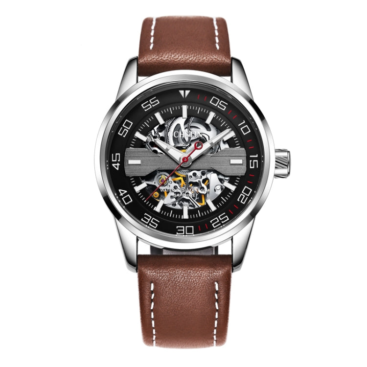 OCHSTIN 62002A Master Series Hollow Mechanical Men Watch(Silver-Brown) - Leather Strap Watches by OCHSTIN | Online Shopping UK | buy2fix