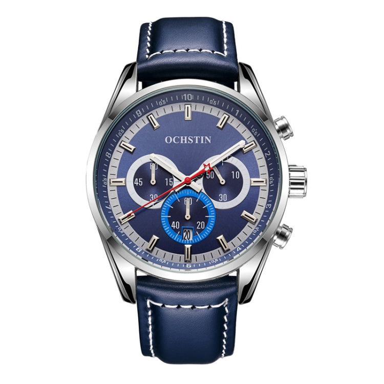 Ochstin 6046A Business Style Quartz Men Leather Watch(Silver+Blue) - Leather Strap Watches by OCHSTIN | Online Shopping UK | buy2fix