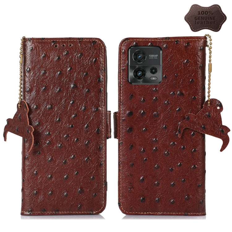 For Motorola Moto G72 4G Ostrich Pattern Genuine Leather RFID Phone Case(Coffee) - Motorola Cases by buy2fix | Online Shopping UK | buy2fix