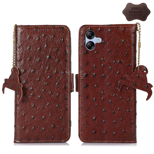 For Samsung Galaxy A04e Ostrich Pattern Genuine Leather RFID Phone Case(Coffee) - Galaxy Phone Cases by buy2fix | Online Shopping UK | buy2fix