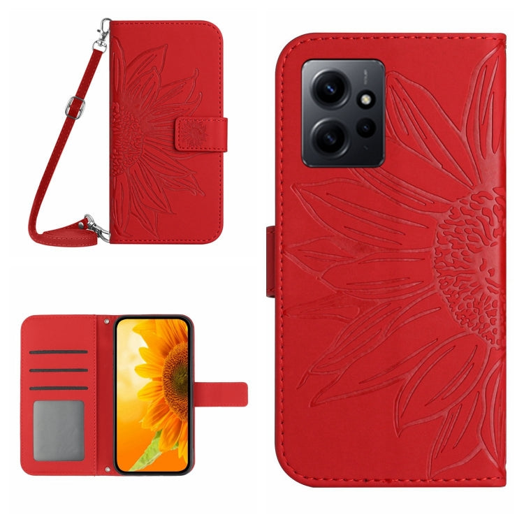 For Xiaomi Redmi Note 12 4G Global Skin Feel Sun Flower Embossed Flip Leather Phone Case with Lanyard(Red) - Note 12 Cases by buy2fix | Online Shopping UK | buy2fix