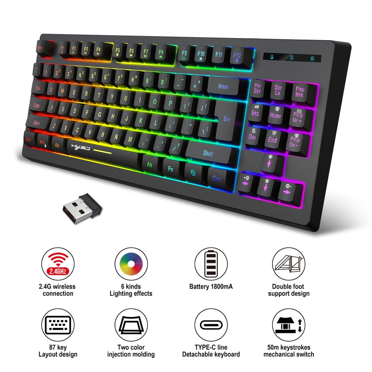 HXSJ L100 87 Keys RGB Backlit Film 2.4G Wireless Keyboard(Black) - Wireless Keyboard by HXSJ | Online Shopping UK | buy2fix