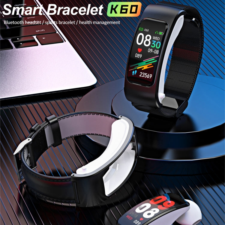 K60 1.08 inch Silicone Band Earphone Detachable Life Waterproof Smart Watch Support Bluetooth Call(Black) - Smart Wear by buy2fix | Online Shopping UK | buy2fix