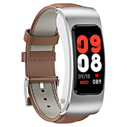 K60 1.08 inch Leather Band Earphone Detachable Life Waterproof Smart Watch Support Bluetooth Call(Brown Silver) - Smart Wear by buy2fix | Online Shopping UK | buy2fix
