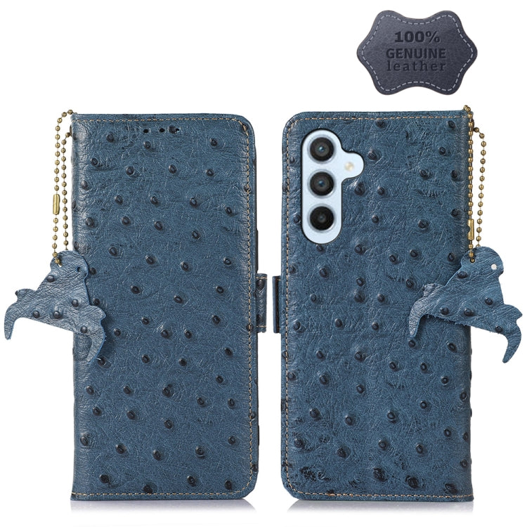 For Samsung Galaxy A14 5G / A14 4G Ostrich Pattern Genuine Leather RFID Phone Case(Blue) - Galaxy Phone Cases by buy2fix | Online Shopping UK | buy2fix