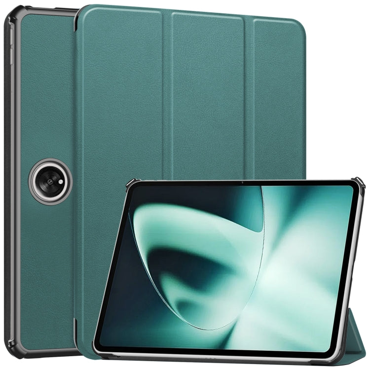 For OnePlus Pad Custer Pure Color 3-Fold Holder Smart Leather Tablet Case(Dark Green) - Others by buy2fix | Online Shopping UK | buy2fix