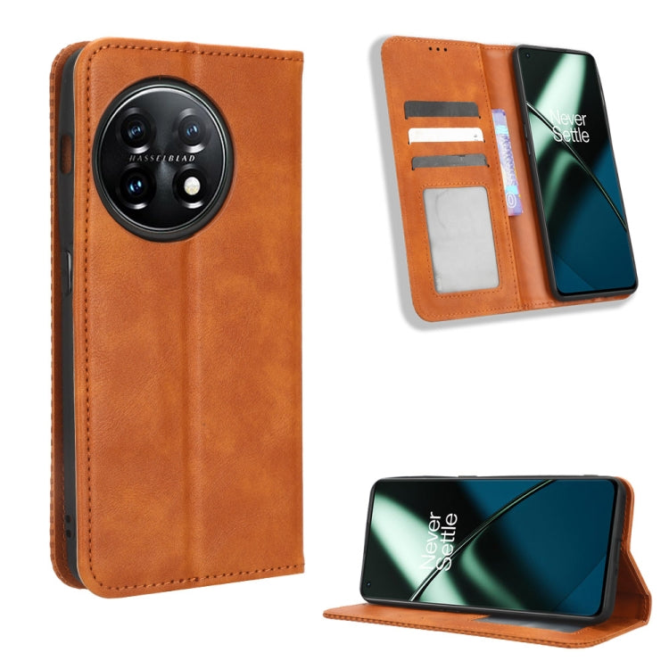 For OnePlus 11R / Ace 2 Magnetic Buckle Retro Texture Leather Phone Case(Brown) - OnePlus Cases by buy2fix | Online Shopping UK | buy2fix