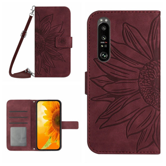 For Sony Xperia 1 V HT04 Skin Feel Sun Flower Embossed Flip Leather Phone Case with Lanyard(Wine Red) - Sony Cases by buy2fix | Online Shopping UK | buy2fix