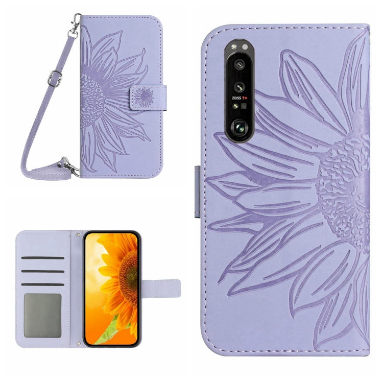 For Sony Xperia 1 V HT04 Skin Feel Sun Flower Embossed Flip Leather Phone Case with Lanyard(Purple) - Sony Cases by buy2fix | Online Shopping UK | buy2fix