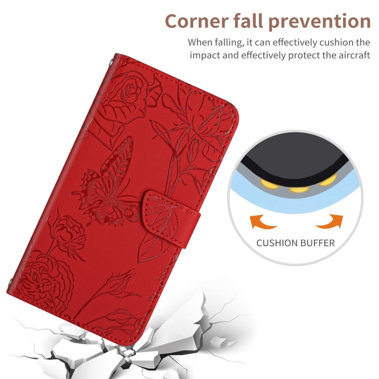 For Xiaomi Poco F5 HT03 Skin Feel Butterfly Embossed Flip Leather Phone Case(Red) - Xiaomi Cases by buy2fix | Online Shopping UK | buy2fix