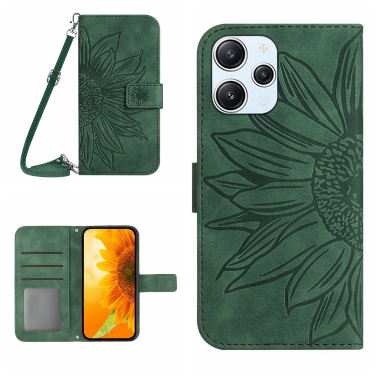 For Xiaomi Redmi 12 4G Global Skin Feel Sun Flower Embossed Flip Leather Phone Case with Lanyard(Green) - Xiaomi Cases by buy2fix | Online Shopping UK | buy2fix