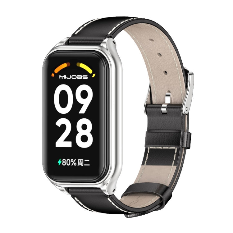 For Xiaomi Smart Band 8 Active / Redmi Band 2 Mijobs Metal Shell Genuine Leather Watch Band(Black Silver) - Watch Bands by MIJOBS | Online Shopping UK | buy2fix