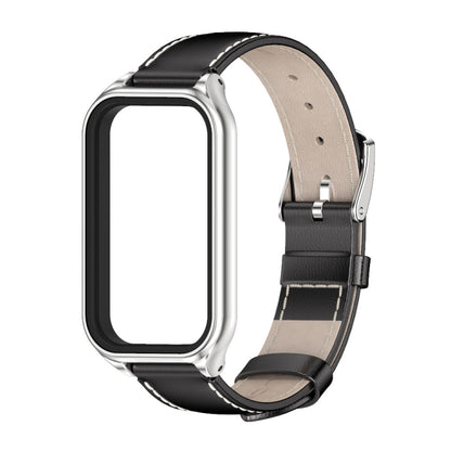 For Xiaomi Smart Band 8 Active / Redmi Band 2 Mijobs Metal Shell Genuine Leather Watch Band(Black Silver) - Watch Bands by MIJOBS | Online Shopping UK | buy2fix