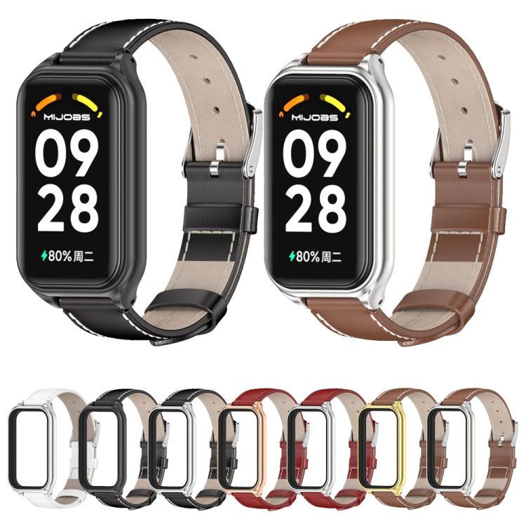 For Xiaomi Smart Band 8 Active / Redmi Band 2 Mijobs Metal Shell Genuine Leather Watch Band(Black Silver) - Watch Bands by MIJOBS | Online Shopping UK | buy2fix