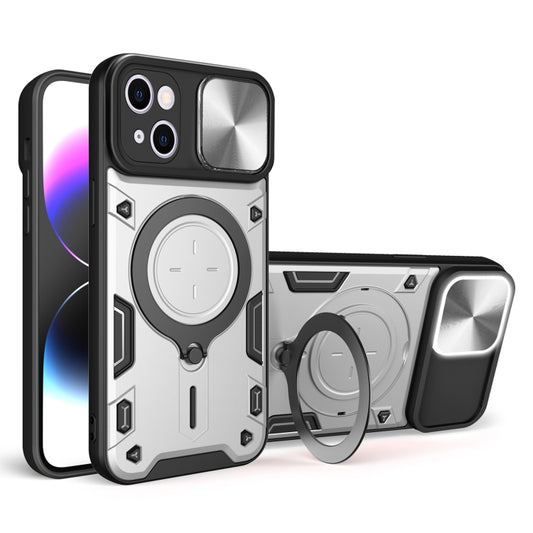 For iPhone 15 Plus CD Texture Sliding Camshield Magnetic Holder Phone Case(Silver) - iPhone 15 Plus Cases by buy2fix | Online Shopping UK | buy2fix