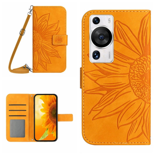 For Huawei P60 Pro Skin Feel Sun Flower Embossed Flip Leather Phone Case with Lanyard(Yellow) - Huawei Cases by buy2fix | Online Shopping UK | buy2fix