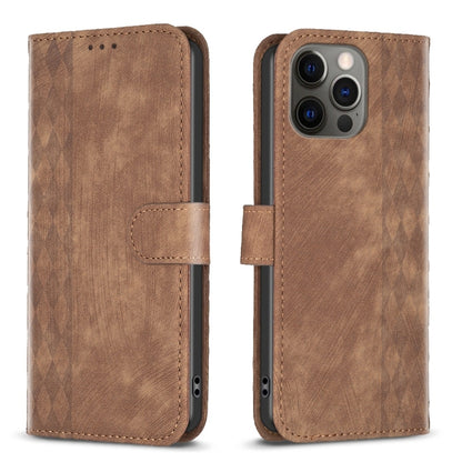 For iPhone 12 / 12 Pro Plaid Embossed Leather Phone Case(Brown) - iPhone 12 / 12 Pro Cases by buy2fix | Online Shopping UK | buy2fix