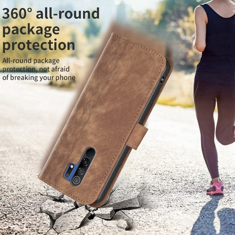 For Xiaomi Redmi 9 Plaid Embossed Leather Phone Case(Brown) - Xiaomi Cases by buy2fix | Online Shopping UK | buy2fix