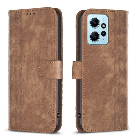 For Xiaomi Redmi Note 12 4G Global Plaid Embossed Leather Phone Case(Brown) - Note 12 Cases by buy2fix | Online Shopping UK | buy2fix