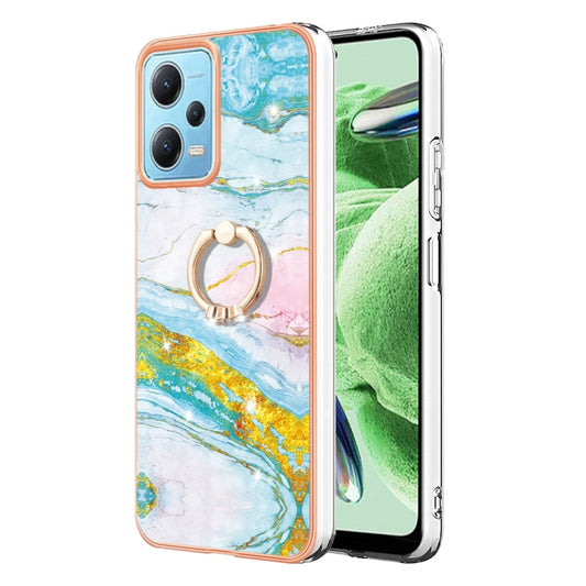 For Xiaomi Redmi Note 12 5G Global/Poco X5 5G Electroplating Marble IMD TPU Phone Case with Ring Holder(Green 004) - Note 12 Cases by buy2fix | Online Shopping UK | buy2fix