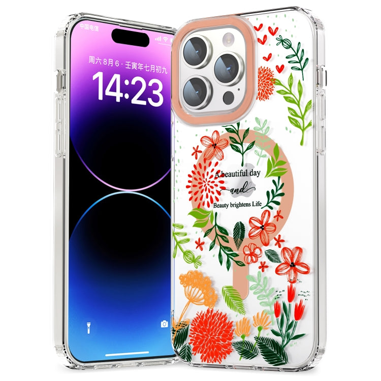 For iPhone 14 Pro MagSafe Magnetic TPU Phone Case(Red Flowers and Green Leaves) - iPhone 14 Pro Cases by buy2fix | Online Shopping UK | buy2fix