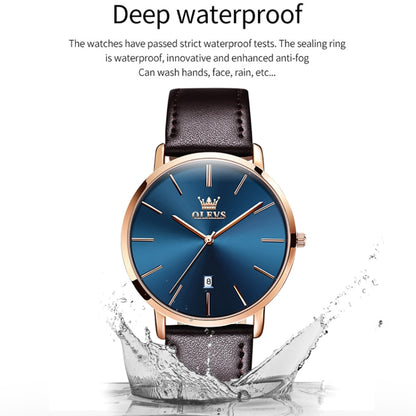 OLEVS 5869 Men Business Waterproof Genuine Leather Strap Quartz Watch(Blue + Rose Gold) - Leather Strap Watches by OLEVS | Online Shopping UK | buy2fix