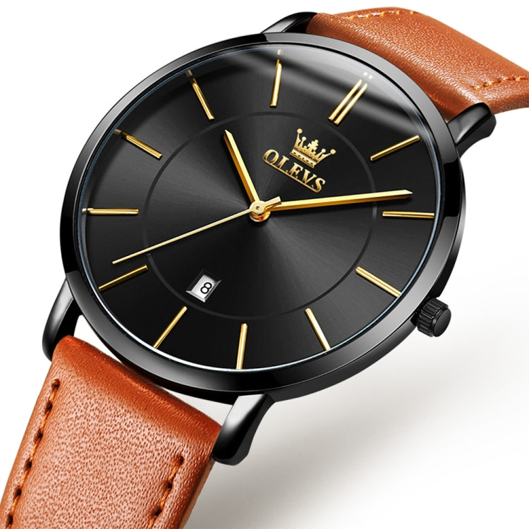 OLEVS 5869 Men Business Waterproof Genuine Leather Strap Quartz Watch(Black + Brown) - Leather Strap Watches by OLEVS | Online Shopping UK | buy2fix