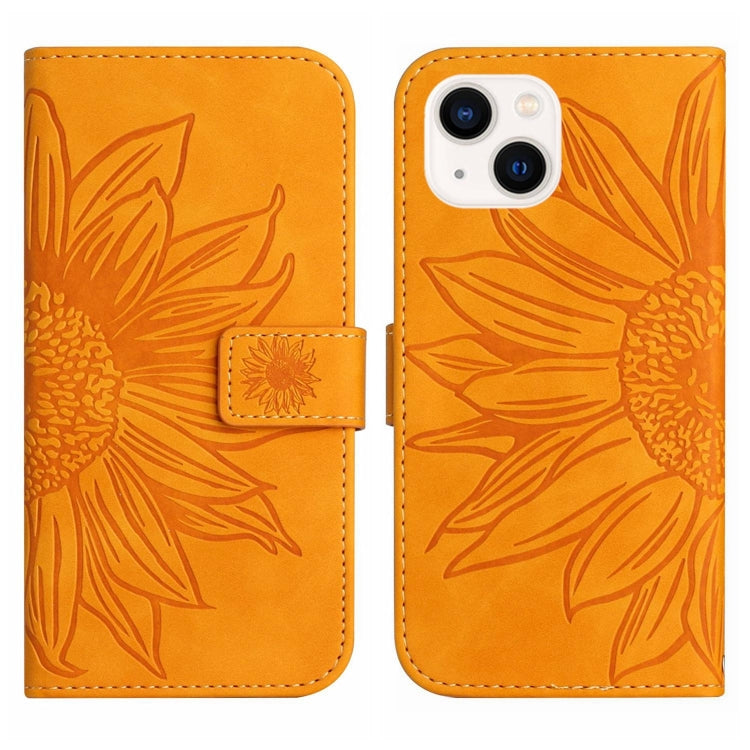 For iPhone 15 Skin Feel Sun Flower Embossed Flip Leather Phone Case with Lanyard(Yellow) - iPhone 15 Cases by buy2fix | Online Shopping UK | buy2fix